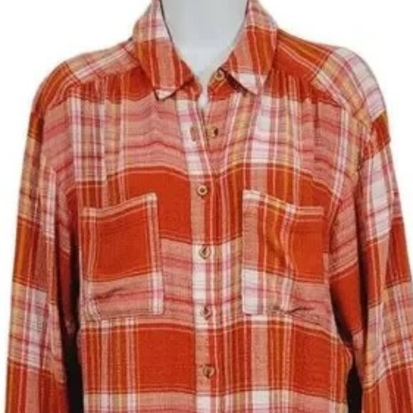 Anthropologie Pilcro Relaxed Plaid Buttondown Shirt Size M Orange - Picture 4 of 11